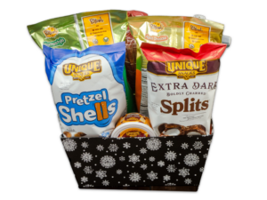 Black snowflake tray with unique snacks products