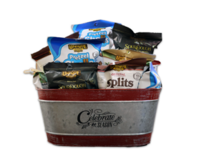 Celebrate Tin with Unique Snacks, snack bags.