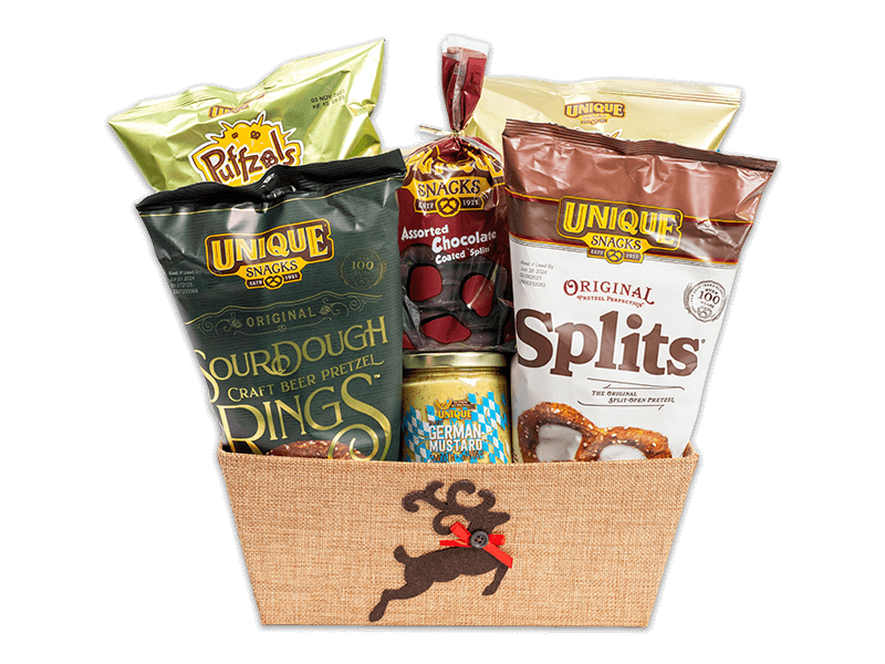 Deer paperboard tray with a brown reindeer wearing a red bow with a black button on it filled with various Unique Snacks products