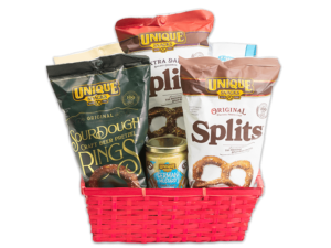 Red Bamboo Basket filled with various Unique Snacks products