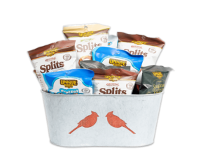 Cardinal Tin with Unique Snacks, snack bags.