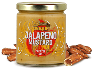 9oz jar of Unique Snacks Jalapeño Mustard dip