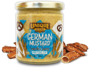 9oz jar of Unique Snacks Sharp German Mustard with blue and wheat designs on it
