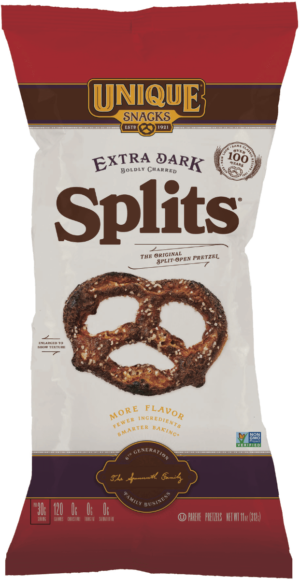 11oz bag of Unique Snacks Extra Dark Splits
