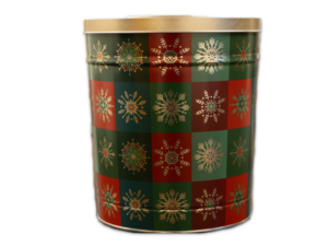 Glistening Gold with snow flakes, red, green, blue colors with gold lid.