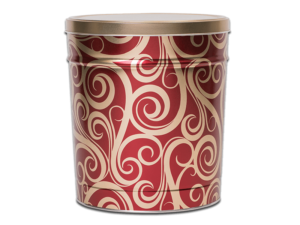 Golden Swirl pretzel tin, red background covered in gold swirl pattern and a gold lid