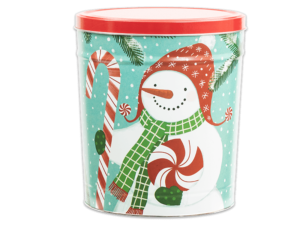 Peppermint Snowmen tall pretzel tin with snowman in a winter hat and scarf holding a candy cane and peppermint candy