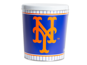 New York Mets pretzel tin, Mets logo large background, "Mets" with white lid.