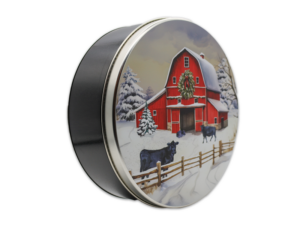 40-heartland holiday tin, red Barn with cows snow scene on lid